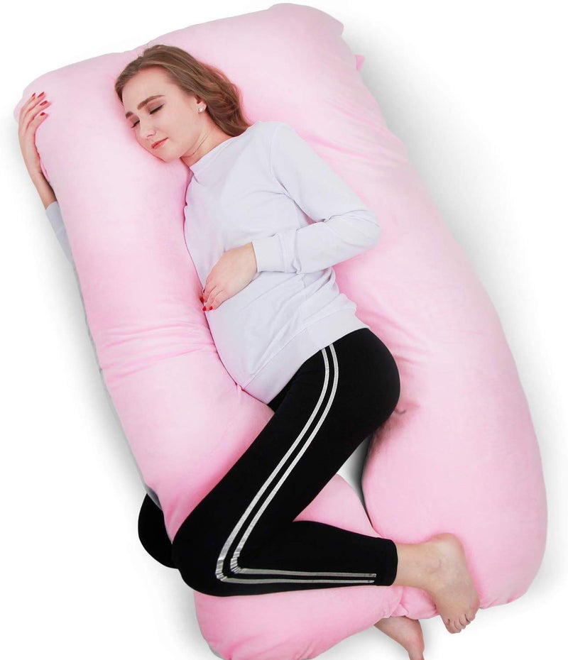 Jaipur Linen Full Body Pregnancy, U Shaped Maternity Pillow for Pregnant Women and Back Pain - Pink - Image 1