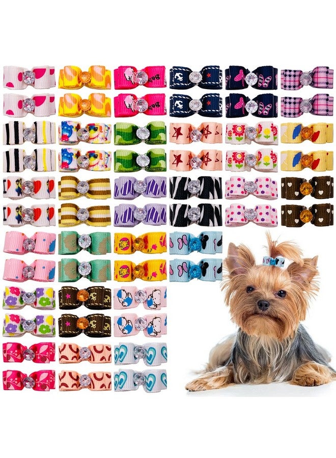 بت شو 0.98 بوصة * 0.39 بوصة ربطات شعر صغيرة للكلاب الصغيرة مع أشرطة مطاطية وشريط من أحجار الراين لتزيين الكلاب والجراء، إكسسوارات شعر على شكل عقدة علوية بألوان متنوعة، عبوة من 20 قطعة - Image 1