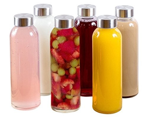 Brieftons 18 Oz Clear Borosilicate Glass Water Bottles With Caps 6 Pack Heat Resistant Slim Easy to Store Reusable Drinking Bottle Sauce Jar Juice Beverage Container With Leakproof Lids