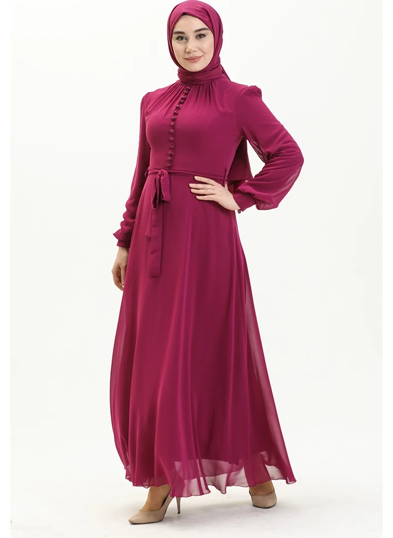 Sefa Merve Button Detailed Chiffon Evening Dress 5695-13 Purple