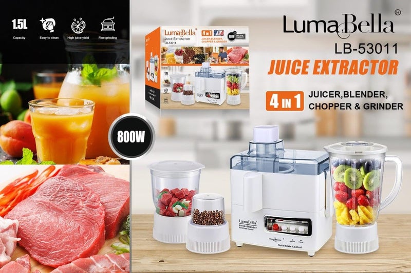 Lomabella 4 in 1 Juicer & Food Grinder Multi Function 800W Motor With Fruit Juicer For Juices Maker 1.5L Blender Spice Grinder Vegetable Chopper Stainless Blades Easy To Clean Lb53011