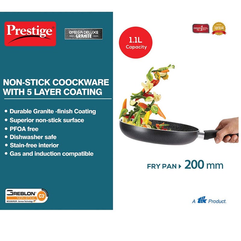 Prestige Non-Stick Omega Deluxe Granite Fry Pan (Omelette Pan)| 20 Centimetre | Black | Induction Base | 5 Layer Non-Stick Cookware | PFOA Free | Easy Grip Handle - Image 3