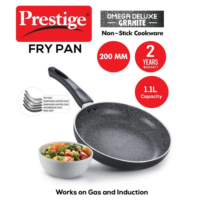 Prestige Non-Stick Omega Deluxe Granite Fry Pan (Omelette Pan)| 20 Centimetre | Black | Induction Base | 5 Layer Non-Stick Cookware | PFOA Free | Easy Grip Handle - Image 2