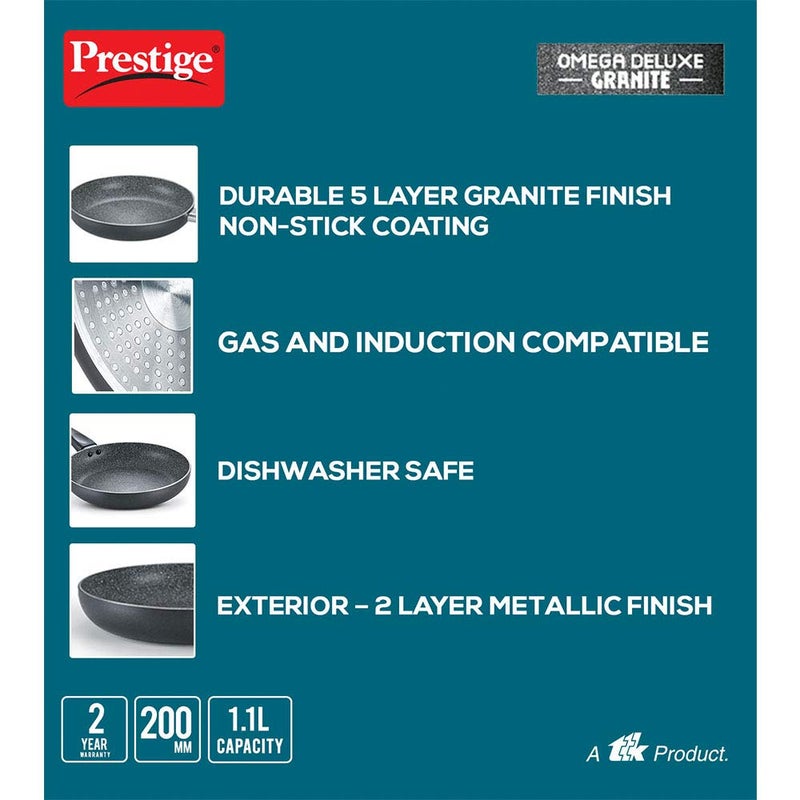 Prestige Non-Stick Omega Deluxe Granite Fry Pan (Omelette Pan)| 20 Centimetre | Black | Induction Base | 5 Layer Non-Stick Cookware | PFOA Free | Easy Grip Handle - Image 4