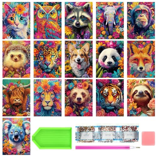 Jaloro 16 Pack 5d Diamond Painting Kits for Adults DIY Flower Animal Diamond Painting Kits Round Crafts for Adults Beginner Home Wall Decoration Gift 11.8 x 15.7 Inches(Animal) - Image 1
