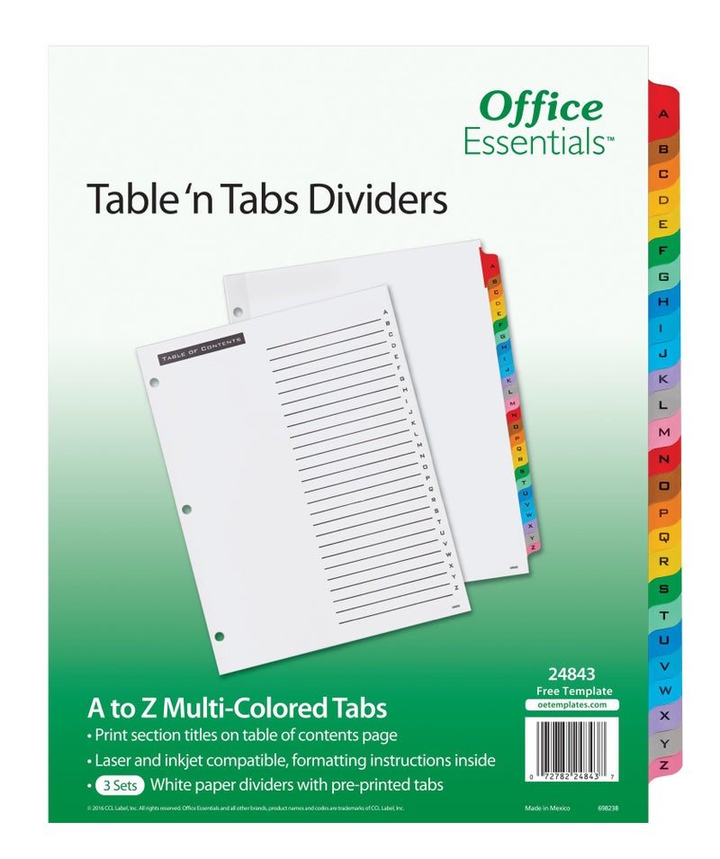 Office Essentials Table 'n Tabs Dividers, 8-1/2" x 11", A-Z Tab, Multicolor Tab, Laser/Inkjet, 3 Sets (24843) - Image 3