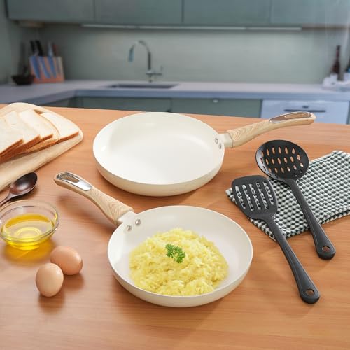 Cookaid Set of 2 Ceramic Frying Pan 22+24cm & 1.5+2 litres with 2Pc Nylon Tool| ISI Certified | Fry Pan Non Stick Coating |OmlettePan Steel Cookware for Cooking | Cooktops Homeand Kitchen FryPans | - Image 1