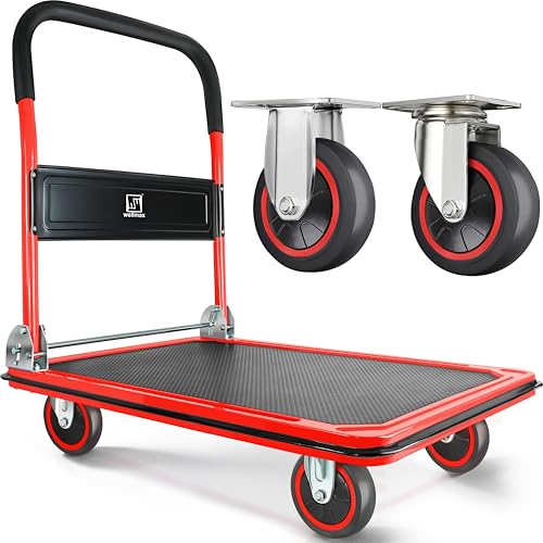 Push Cart Dolly by Wellmax Moving Platform Hand Truck Foldable for Easy Storage and 360 Degree Swivel Wheels with 660lb Weight Capacity Red Color