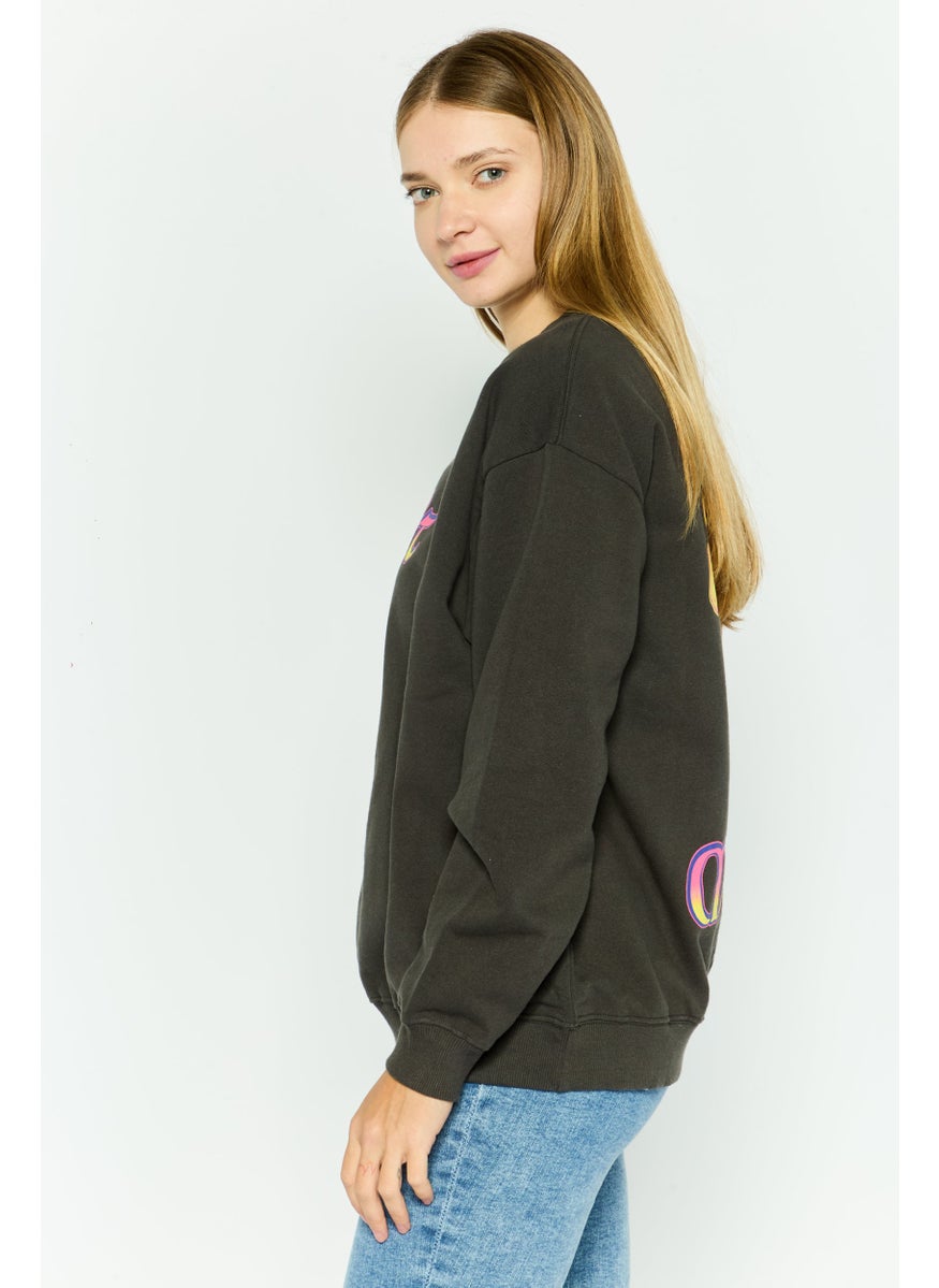 Misfit Women Crew Neck Graphic Print Long Sleeves Sweatshirt, Dark Grey  - Image 2