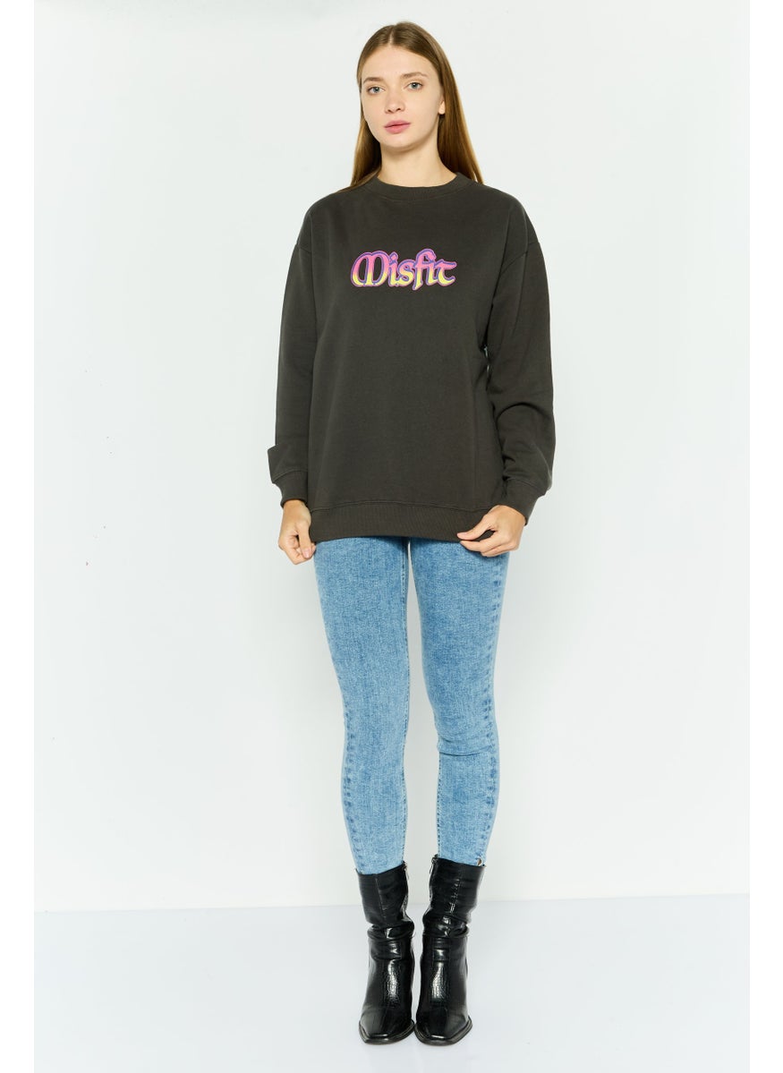 Misfit Women Crew Neck Graphic Print Long Sleeves Sweatshirt, Dark Grey  - Image 4