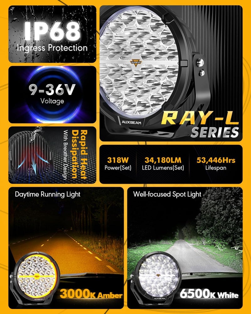Auxbeam RAY-L Series 9 Inch LED Off-Road Lights, Amber White DRL 3 Modes, 318W 34180LM Round Offroad Lighting, Spot Beam Automotive Light Bar, for 4x4 Truck SUV ATV UTV, Pair - Image 2