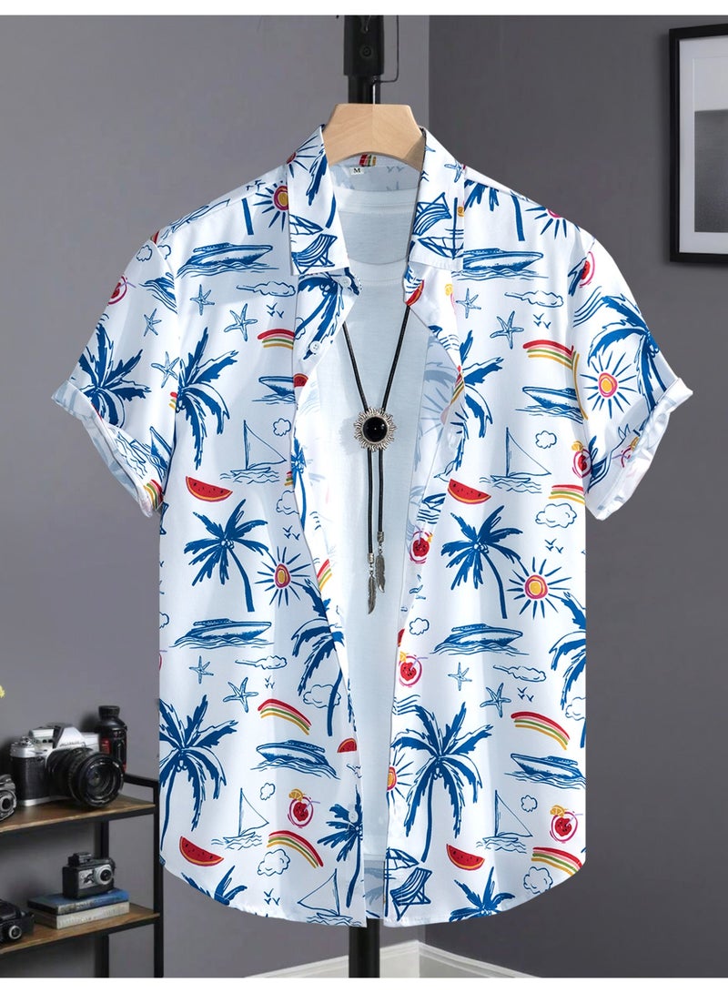 payanwin Men's Summer Shirt Short Sleeve Button Down, White Beach Graphic Print Casual Vacation Resort Shirt with Palm Tree Rainbow Watermelon - Image 2