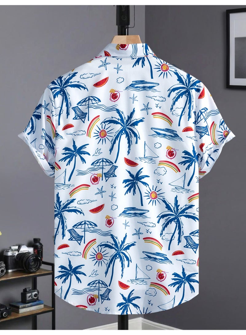 payanwin Men's Summer Shirt Short Sleeve Button Down, White Beach Graphic Print Casual Vacation Resort Shirt with Palm Tree Rainbow Watermelon - Image 3