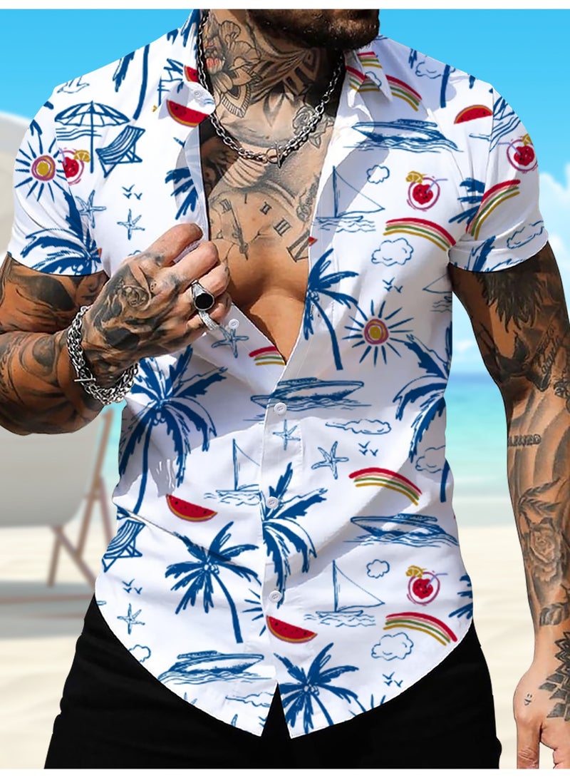 payanwin Men's Summer Shirt Short Sleeve Button Down, White Beach Graphic Print Casual Vacation Resort Shirt with Palm Tree Rainbow Watermelon - Image 1