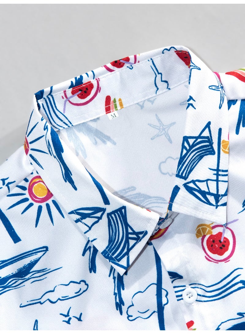 payanwin Men's Summer Shirt Short Sleeve Button Down, White Beach Graphic Print Casual Vacation Resort Shirt with Palm Tree Rainbow Watermelon - Image 5
