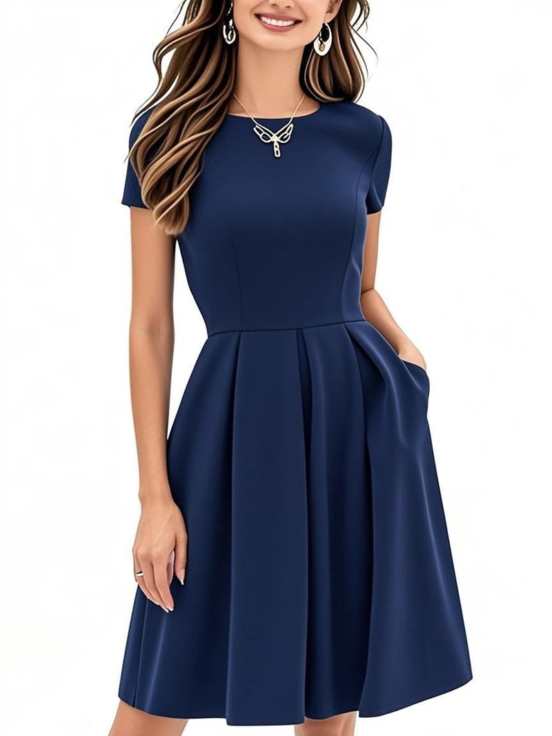 oxiuly Women's Vintage Half Sleeve O-Neck Contrast Casual Pockets Party Swing Dress OX253 (Solid Blue, L) - Image 5