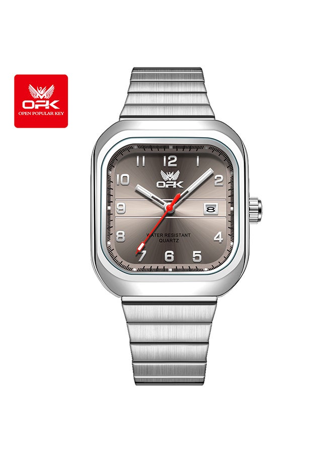 Opk Brand Watch, Stylish Business Exquisite Quartz Watch, Waterproof Single Calendar, Men'S Watch - 6040 Steel Strap, Natural Gray. - Image 1