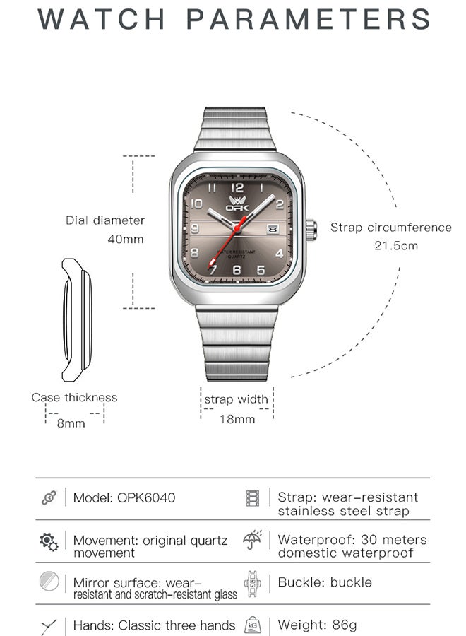 Opk Brand Watch, Stylish Business Exquisite Quartz Watch, Waterproof Single Calendar, Men'S Watch - 6040 Steel Strap, Natural Gray. - Image 2