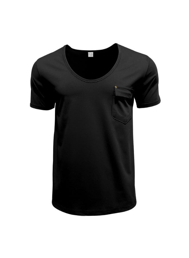 Fashionable Casual Short Sleeve U-Neck T-Shirt Men's Slim Fit Solid Color Shirt Summer  Breathable Top - Image 2