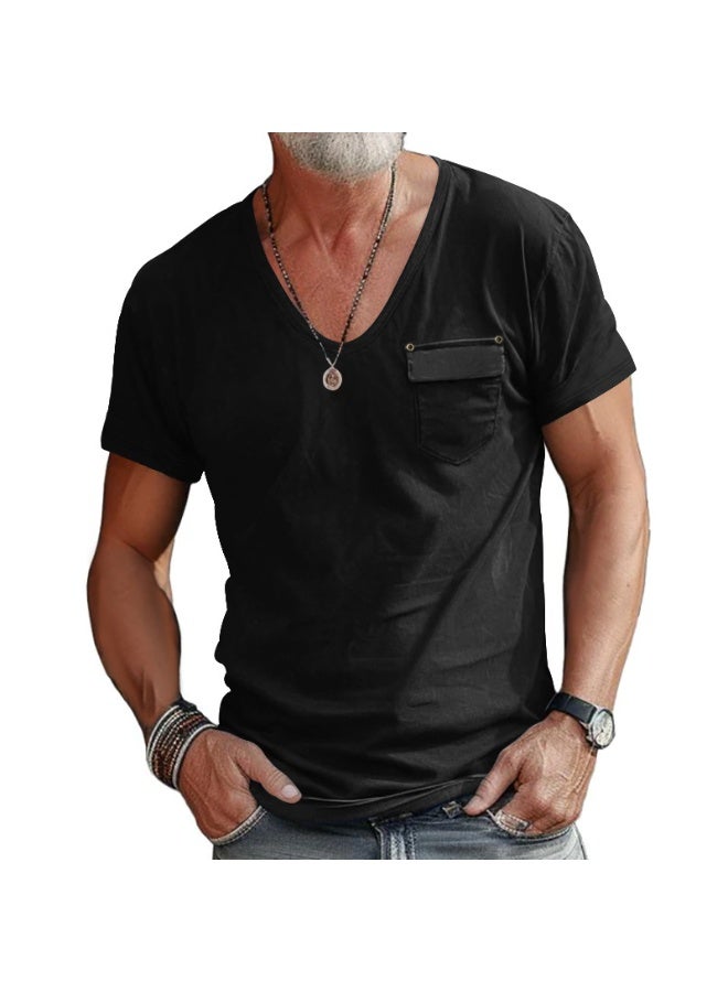 Fashionable Casual Short Sleeve U-Neck T-Shirt Men's Slim Fit Solid Color Shirt Summer  Breathable Top - Image 1