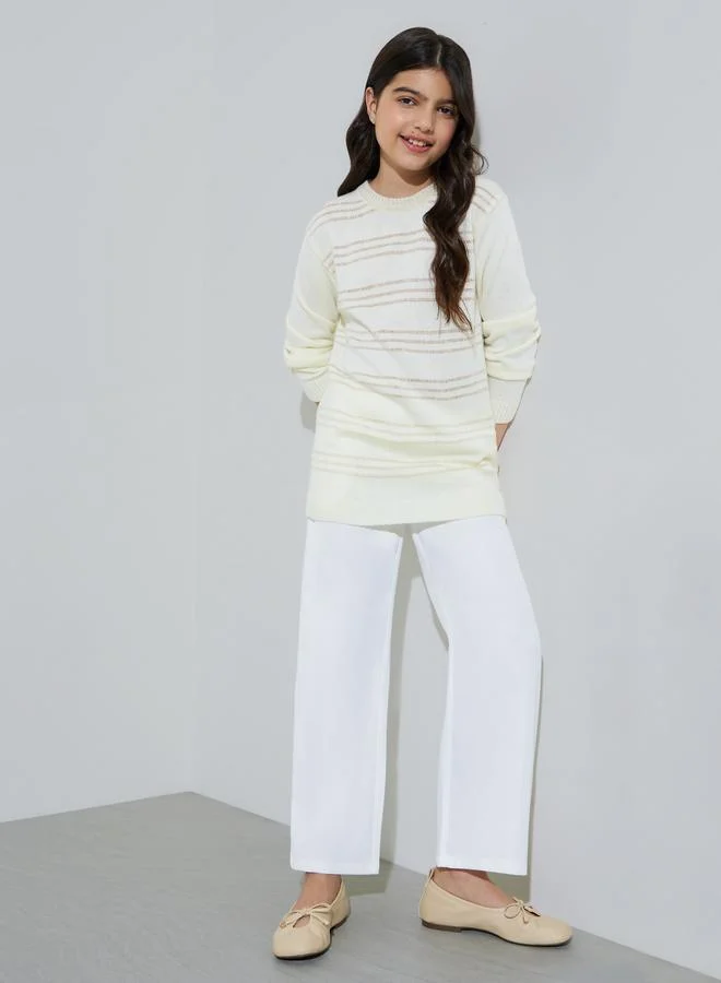 Styli Teen Girls Off White Striped Round Neck Knit Sweater