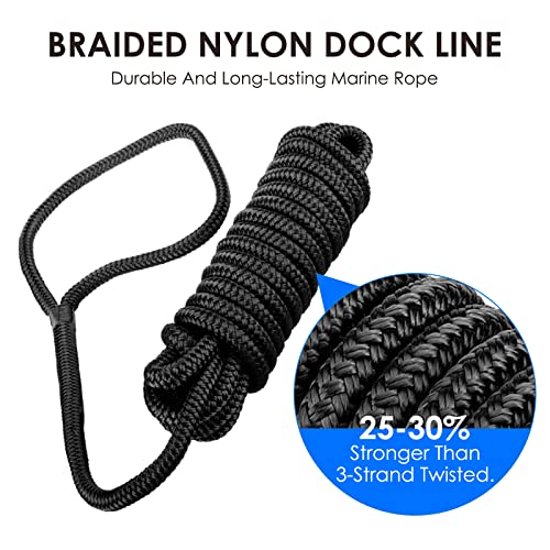 Amarine Made 1/2” X 15’ Dock Lines, 4pcs Boat Dock Lines, 12” Eyelet Boat Ropes with Loop, Boat Rope Docking 968lbs Working Load, Nylon Dock Line with 4840lbs Strength, Boat Ropes for Docking, Black - Image 3
