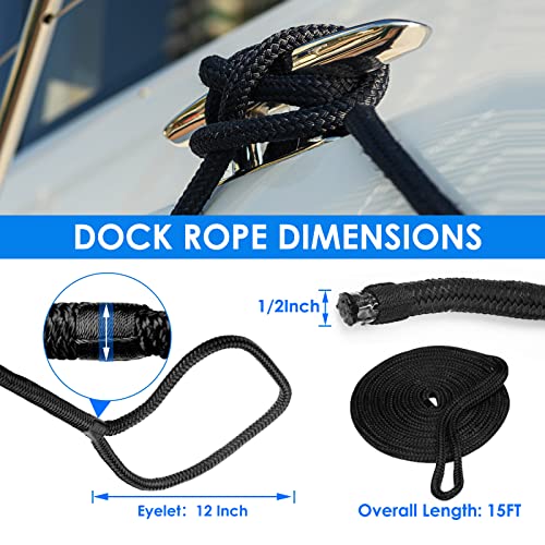 Amarine Made 1/2” X 15’ Dock Lines, 4pcs Boat Dock Lines, 12” Eyelet Boat Ropes with Loop, Boat Rope Docking 968lbs Working Load, Nylon Dock Line with 4840lbs Strength, Boat Ropes for Docking, Black - Image 2