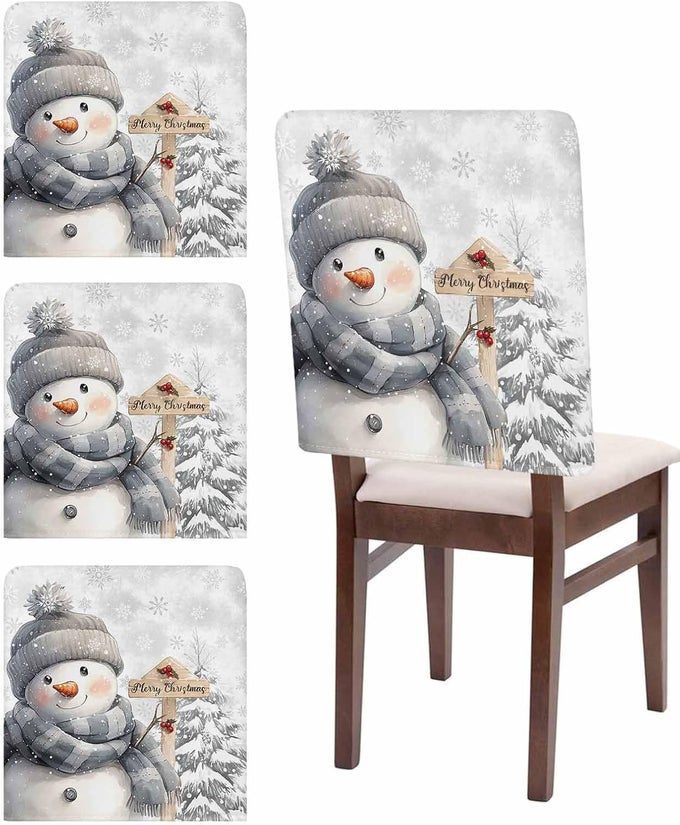 Christmas Chair Covers Set of 4 Snowman Chair Slipcover Protector Removable Washable Stretch Chair Covers Grey Pine Tree Chair Back Covers for Dining Chairs Kitchen Dinner Party Xmas Holiday Decor