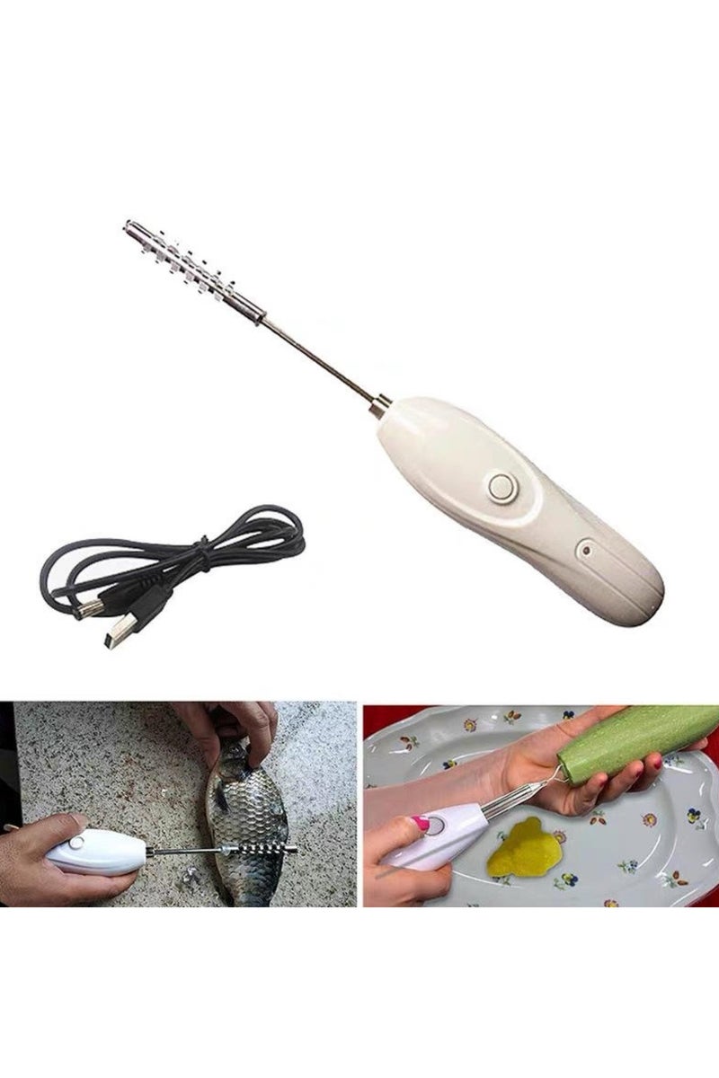 Denx Electric Vegetable Corer – Rechargeable 30W Veggie Drill with 2 Cutter Heads, Stainless Steel Core Remover & Fish Scale Scraper for Zucchini, Cucumbers, and More (White) - Image 3