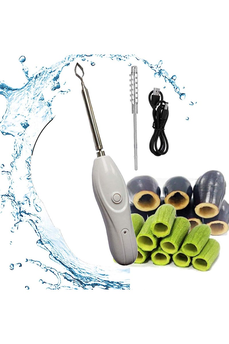 Denx Electric Vegetable Corer – Rechargeable 30W Veggie Drill with 2 Cutter Heads, Stainless Steel Core Remover & Fish Scale Scraper for Zucchini, Cucumbers, and More (White) - Image 4