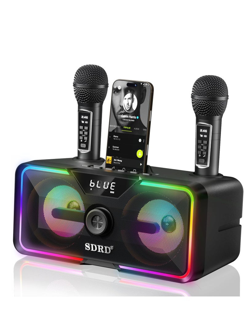 SDRD Bluetooth Karaoke Machine with 2 Wireless Mics, 80W Powerful Sound, Rechargeable, 4000mAh, LED Lights, Supports BT/USB/AUX for Home Parties Outdoor Gatherings - Image 1