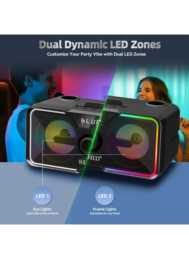 SDRD Bluetooth Karaoke Machine with 2 Wireless Mics, 80W Powerful Sound, Rechargeable, 4000mAh, LED Lights, Supports BT/USB/AUX for Home Parties Outdoor Gatherings - Image 5