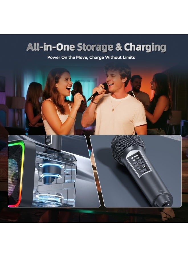 SDRD Bluetooth Karaoke Machine with 2 Wireless Mics, 80W Powerful Sound, Rechargeable, 4000mAh, LED Lights, Supports BT/USB/AUX for Home Parties Outdoor Gatherings - Image 2