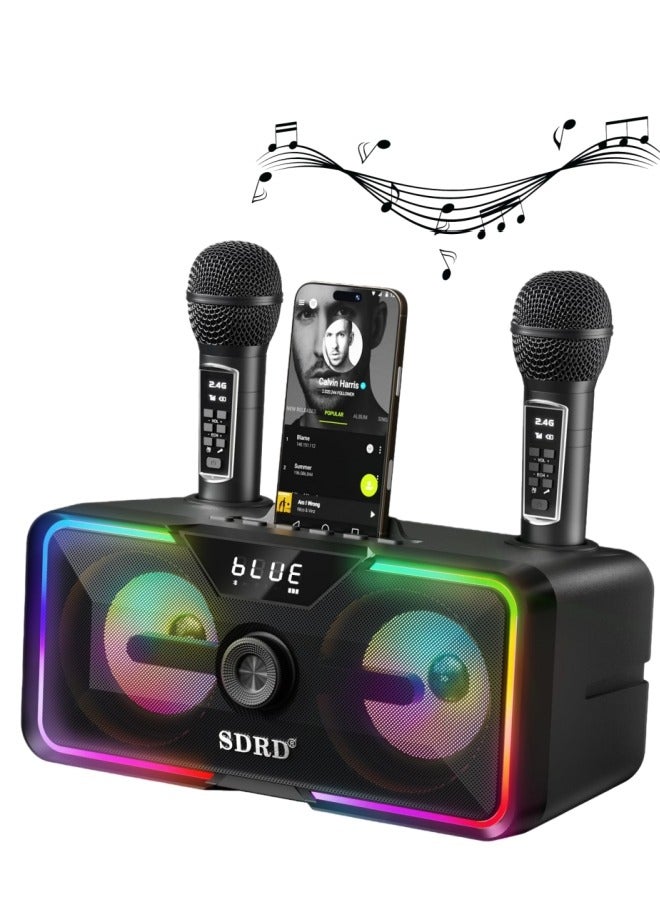 SDRD Bluetooth Karaoke Machine with 2 Wireless Mics, 80W Powerful Sound, Rechargeable, 4000mAh, LED Lights, Supports BT/USB/AUX for Home Parties Outdoor Gatherings - Image 1