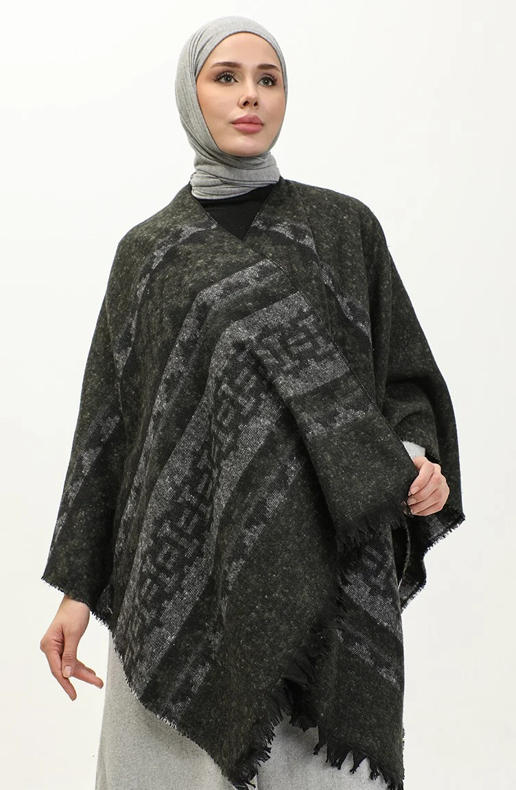 Sefa Merve Kilim Patterned Poncho 2039-03 Khaki Gray
