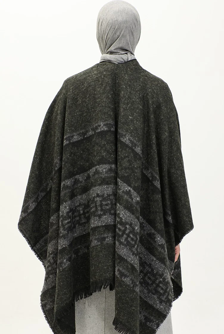 Sefa Merve Kilim Patterned Poncho 2039-03 Khaki Gray