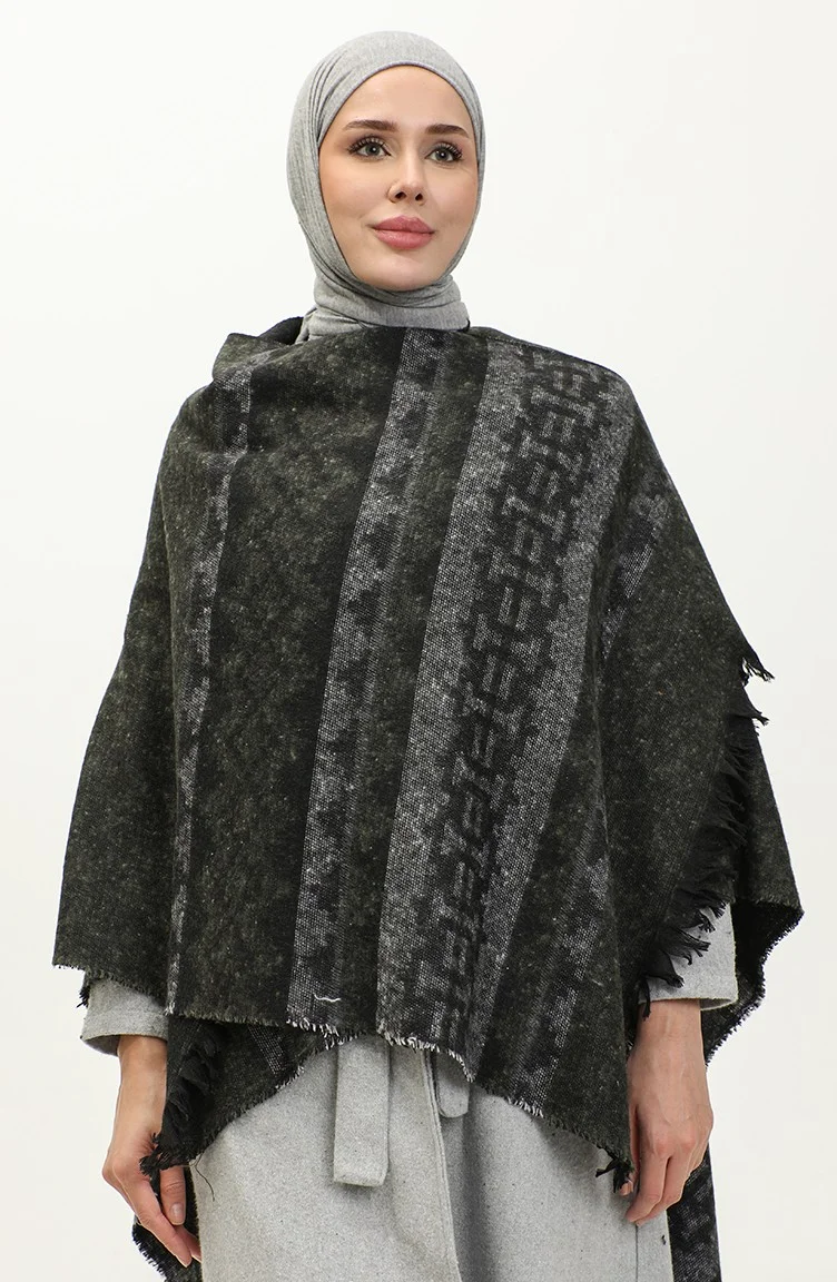 Sefa Merve Kilim Patterned Poncho 2039-03 Khaki Gray
