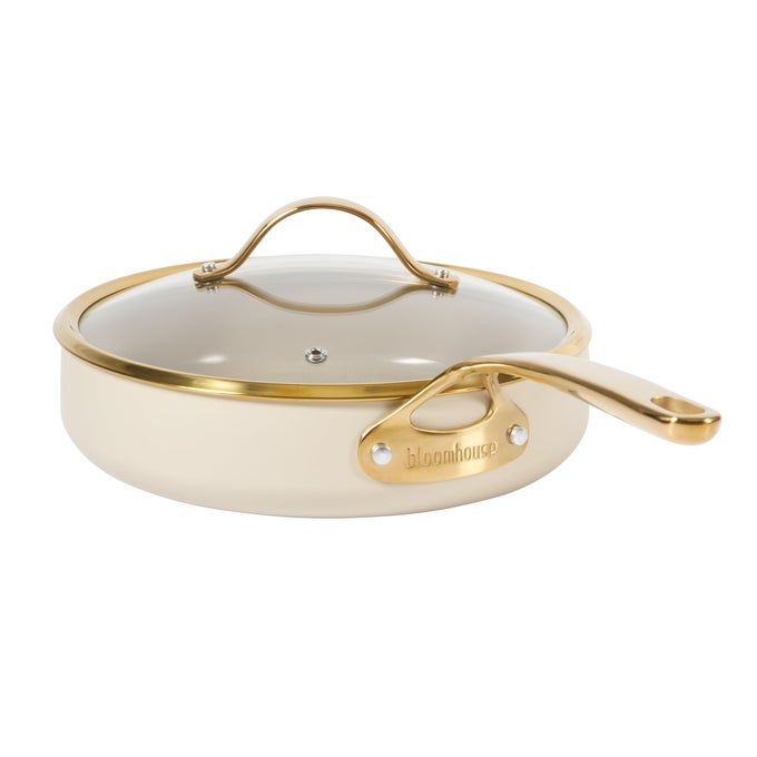 10 INCH HEAVY DUTY ALUMINUM PREMIUM PFA FREE CERAMIC NONSTICK SAUTEDEEP FRYING PAN SKILLET WITH LID ALMOND CREAM WGOLD HANDLE