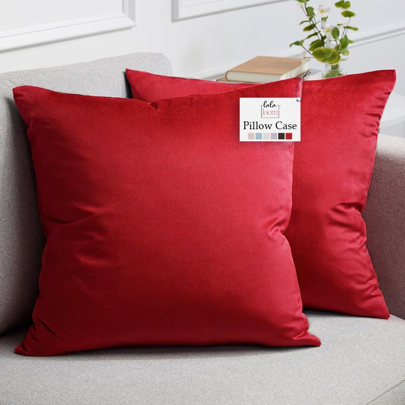 lalaLOOM Velvet Throw Pillow Covers Set of 2 18x18 Decorative Square Pillows Home Decor Soft Accent Cases Silky Machine Washable Pillowcases for Sofa Couch Bedroom Living Room Ruby Red