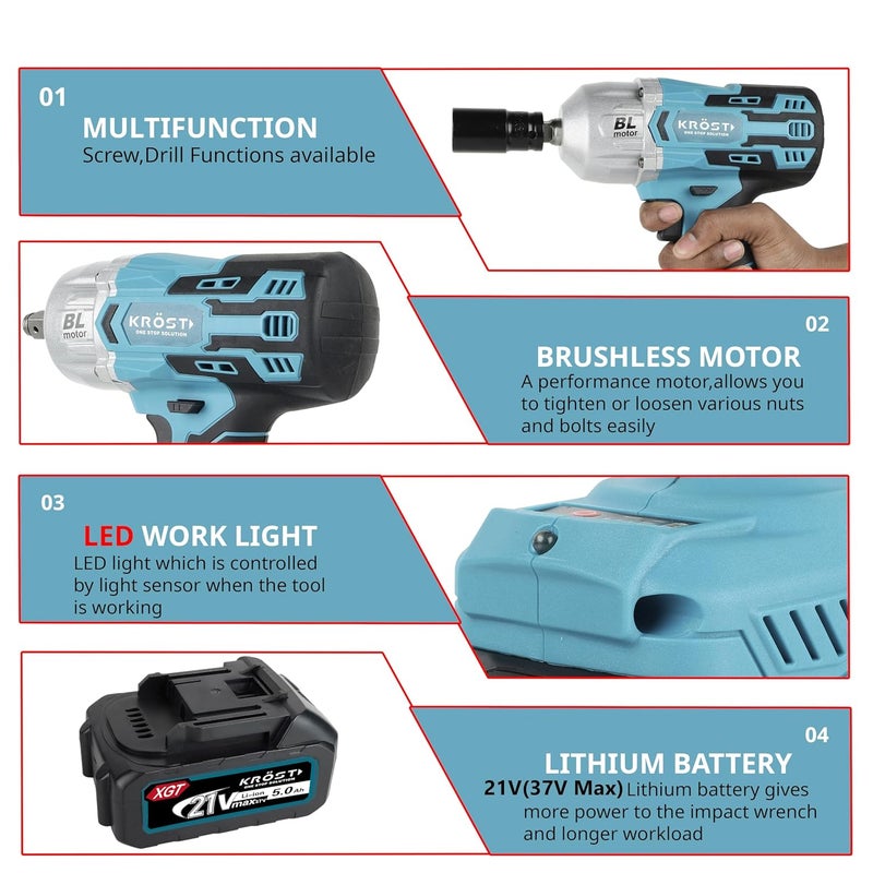 KROST مفتاح ربط لاسلكي كروست برو سيريز 1000Nm كومبو مع محرك بدون فرش 12 21V37V ماكس بطاريات ليثيوم أيون مزدوجة 10 قطع من مفاتيح الربط - Image 2