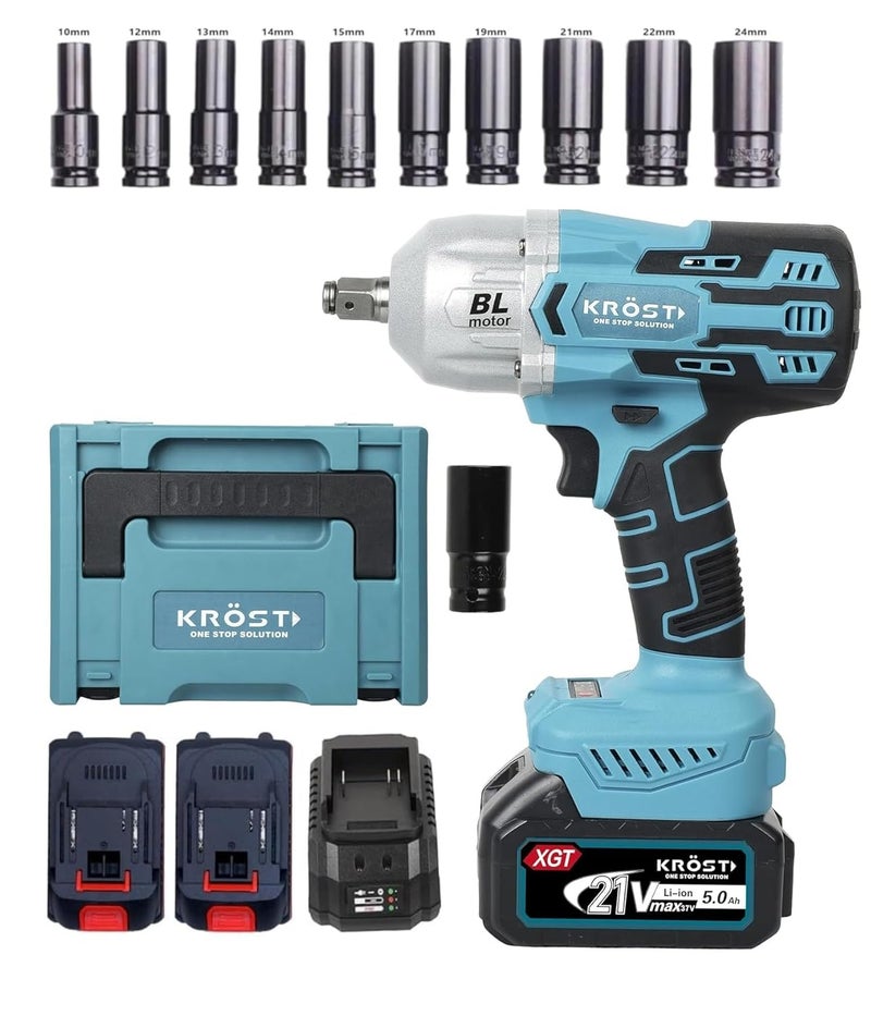 KROST مفتاح ربط لاسلكي كروست برو سيريز 1000Nm كومبو مع محرك بدون فرش 12 21V37V ماكس بطاريات ليثيوم أيون مزدوجة 10 قطع من مفاتيح الربط - Image 1