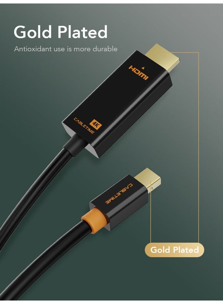 كابل تايم كابل Mini DisplayPort إلى HDMI بدقة 4K ومعدل تحديث 30 هرتز، محول MDP إلى HDMI ذكر إلى ذكر، متوافق مع أجهزة MacBook Air Pro و Surface وشاشات الكمبيوتر المحمول وأجهزة التلفزيون وأجهزة العرض، يدعم الصوت والفيديو عالي السرعة، متوافق مع Thunderbolt، موصلات متينة مطلية بالذهب. - Image 3
