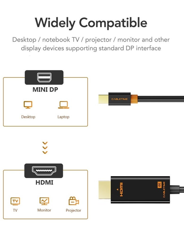 كابل تايم كابل Mini DisplayPort إلى HDMI بدقة 4K ومعدل تحديث 30 هرتز، محول MDP إلى HDMI ذكر إلى ذكر، متوافق مع أجهزة MacBook Air Pro و Surface وشاشات الكمبيوتر المحمول وأجهزة التلفزيون وأجهزة العرض، يدعم الصوت والفيديو عالي السرعة، متوافق مع Thunderbolt، موصلات متينة مطلية بالذهب. - Image 2