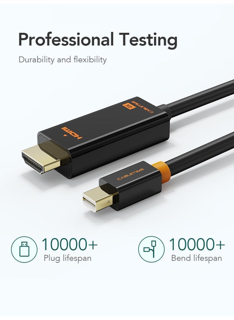 كابل تايم كابل Mini DisplayPort إلى HDMI بدقة 4K ومعدل تحديث 30 هرتز، محول MDP إلى HDMI ذكر إلى ذكر، متوافق مع أجهزة MacBook Air Pro و Surface وشاشات الكمبيوتر المحمول وأجهزة التلفزيون وأجهزة العرض، يدعم الصوت والفيديو عالي السرعة، متوافق مع Thunderbolt، موصلات متينة مطلية بالذهب. - Image 4