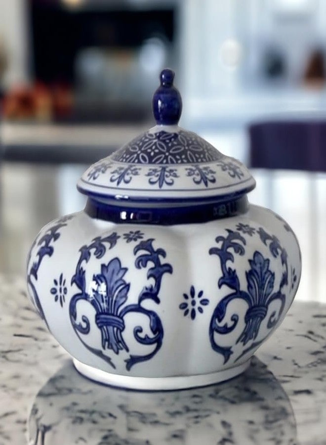 Festcool Blue and White Ceramic Porcelain Pumpkin Shape Ginger Jar Vase, Sugar Canister, Sugar Container, Tea Container, Hand-crafted Jingdezhen, Decor, Gift for Thanksgiving Decoration - Image 2