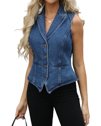 Ladyful Lapel Denim Vest for Women Sleeveless Business Work Jean Waistcoat Vest - Image 2