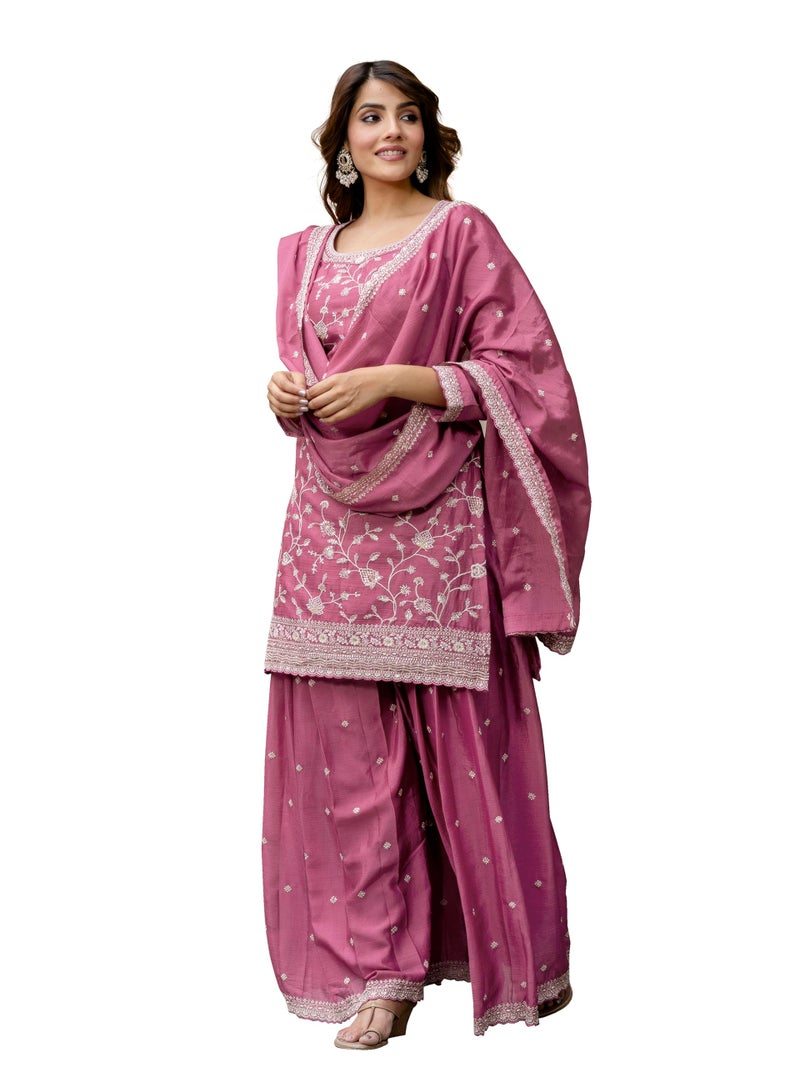 TRENDMALLS Women's Art Silk Embroidery Kurta Palazzo with Dupatta Set (G298-LightPink-3XL) - Image 1
