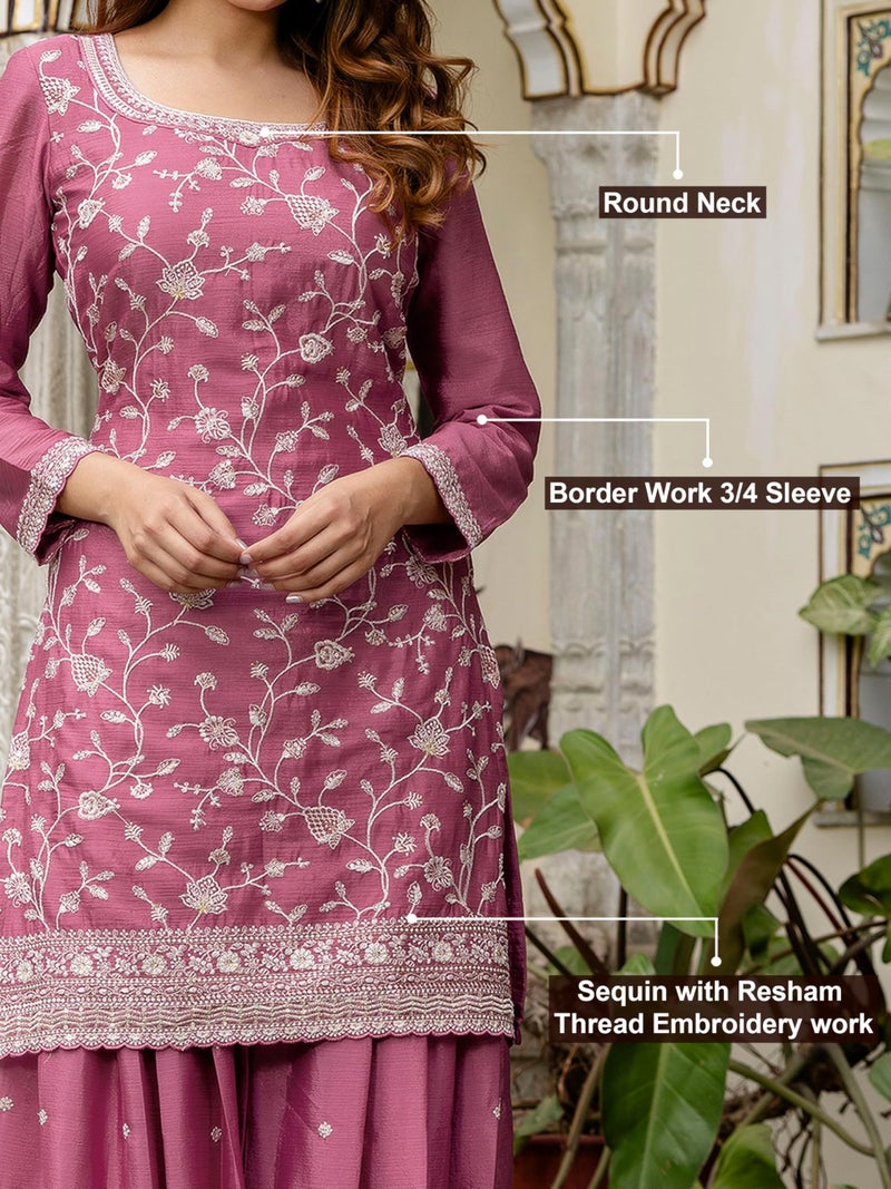 TRENDMALLS Women's Art Silk Embroidery Kurta Palazzo with Dupatta Set (G298-LightPink-3XL) - Image 4