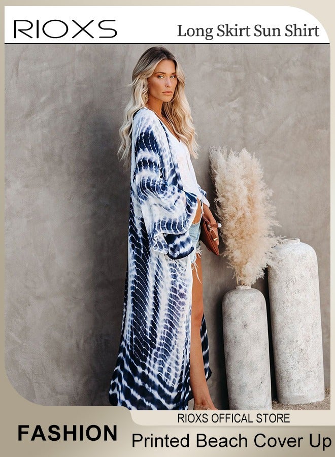 RIOXS Women's Summer Fashion Printed Print Kimono Casual Open Front Cover up Long Cardigan Loose Beach Swimsuit Cover up  - Image 5