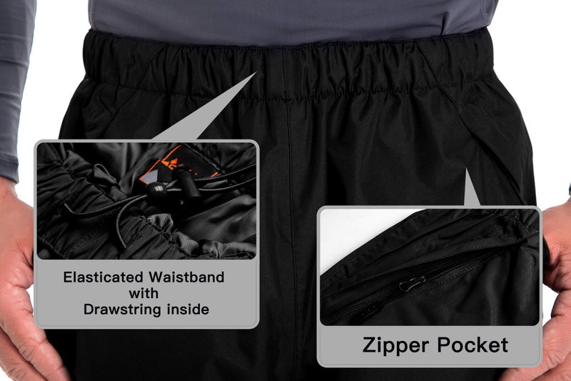 clothin Men's Waterproof Rain Pants Elastic Waist Drawstring Insulated Ski Pants with Zipper Pockets (Black L) - Image 4